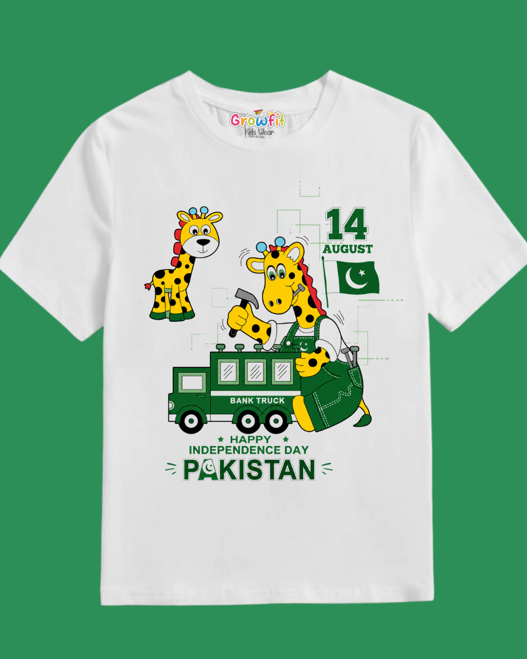 14 August Giraffe Builder Kids T-Shirt – Happy Independence Da