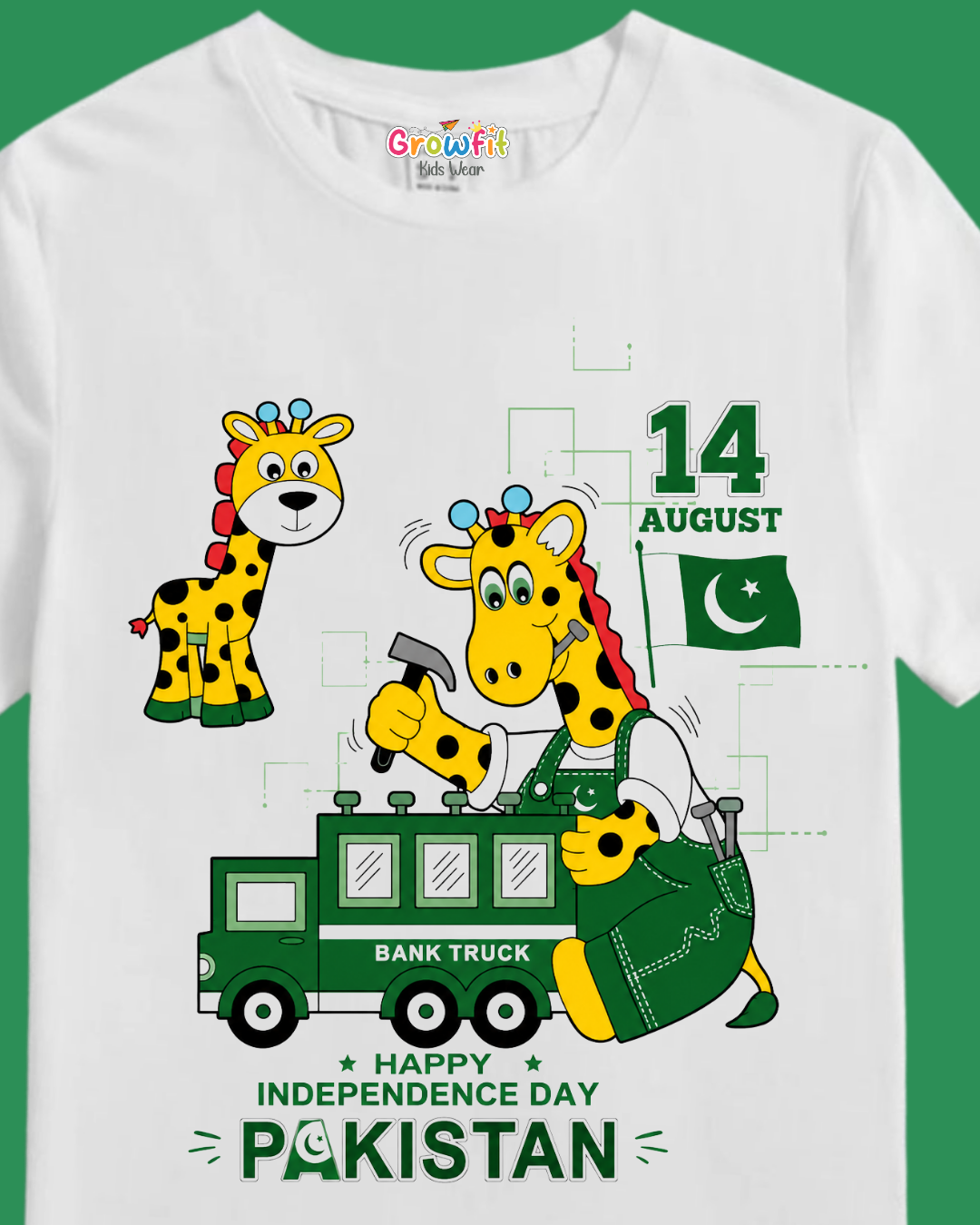 14 August Giraffe Builder Kids T-Shirt – Happy Independence Da