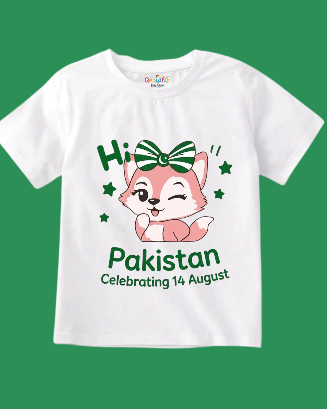 Cute Fox Hi Pakistan 14 August Girls T-Shirt – Independence Day