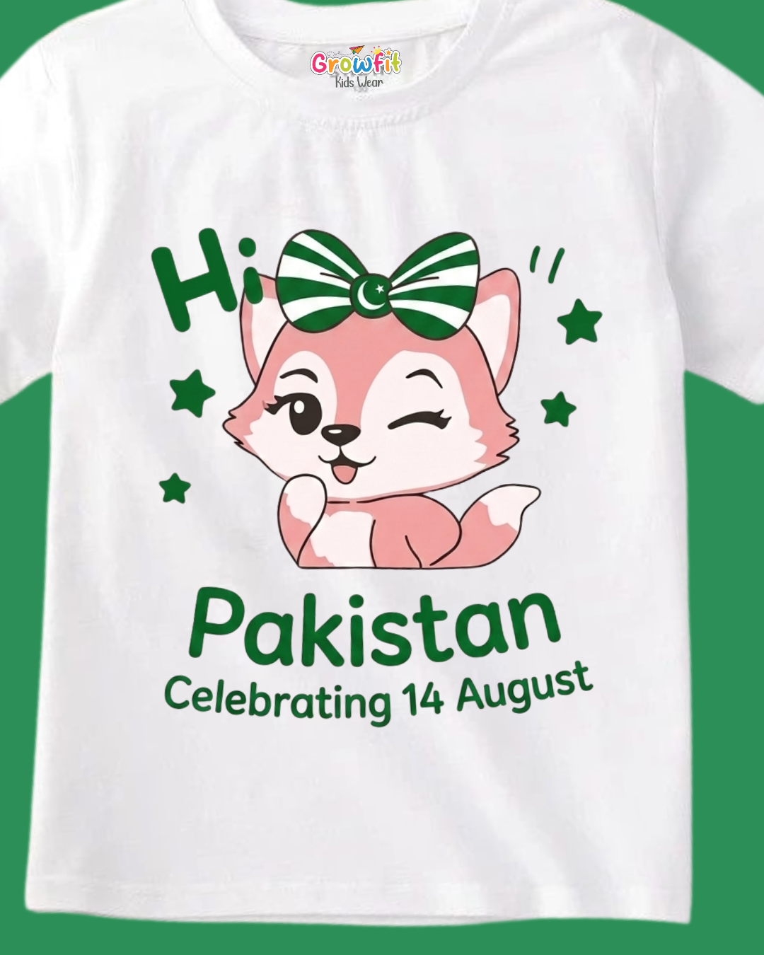 Cute Fox Hi Pakistan 14 August Girls T-Shirt – Independence Day